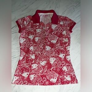 Lilly pulitzer pique polo pink white fish print shirt bluse top collar a collar